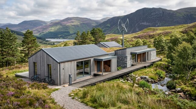 Modern Eco-Home in Highland Landscape: A contemporary, sustainable home blends seamlessly with the rugged beauty of the Scottish Highlands, featuring natural wood siding, a green roof.