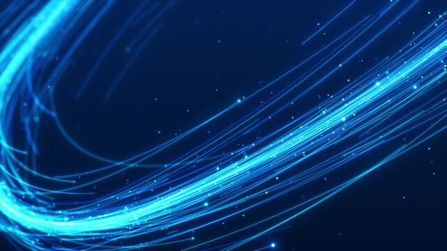 Flowing turquoise light streaks curve azure scene, suggesting movement, digital traffic, high speed connections, energy, information exchange, uploads, downloads, future networks, streaming systems.