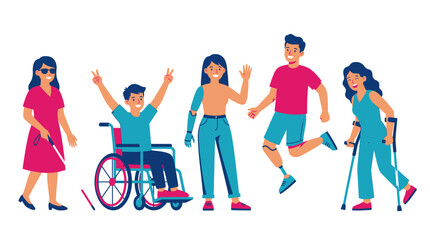 Fototapeta premium Disability Disabled Inclusion Handicap Diversity Diverse Wheelchair Cane Crutches People Group Happy Community Support Vector Illustration