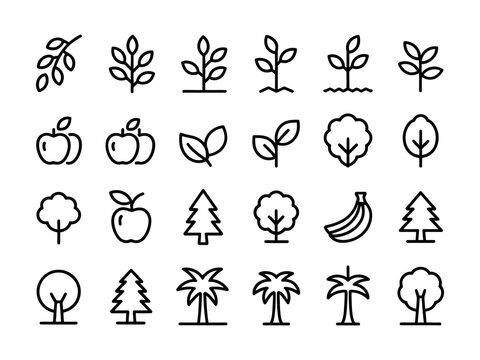 Botanical tree outline icon set with roots branches leaves and fruit pictograms in clean vector illustration
