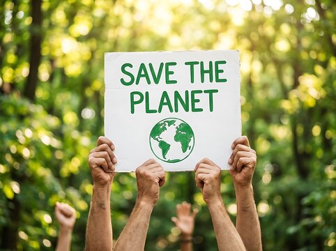 Protesters holding a sign that says save the planet outdoors in a green environment with environmental activism awareness