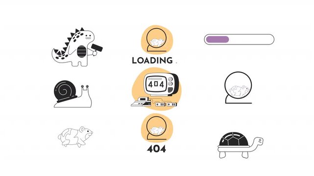 Slow and cute animals with 404 progress bar black and white line animation pack. Dinosaur holding sign. Retro console. Hamster wheel error animated outline 4K video set on transparent background