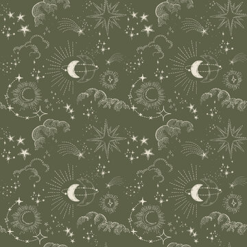 Seamless Celestial Moon and Stars Pattern in Olive Green