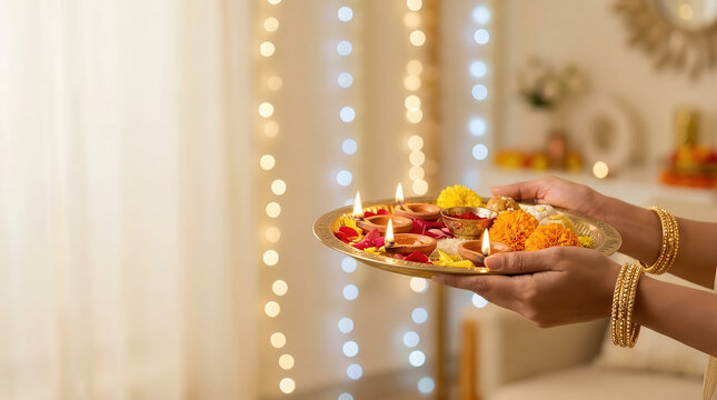 Traditional Diwali puja scene with an Indian woman carrying a decorated thali filled with sweets, flowers and a glowing diya, illuminated by warm festive lights, celebration and spirituality