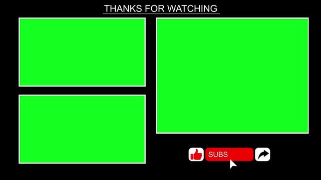 Creator outro layout chroma frames, message, engagement icons, ruby subscription panel. endings, channel branding, suggested clips, social promotion, online lessons, presentations, content marketing.