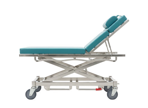 Side view of a medical examination table with a teal mattress and adjustable headrest, isolated on a black background, for hospital equipment isolated on a transparent background
