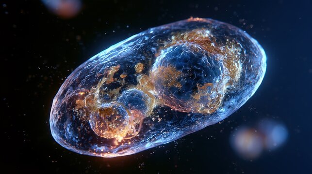 3D Octane render of a translucent glowing muscle cell showing enlarged lysosomes filled with glycogen in Pompe disease, scientific medical visualization, glowing blue and amber internal structures