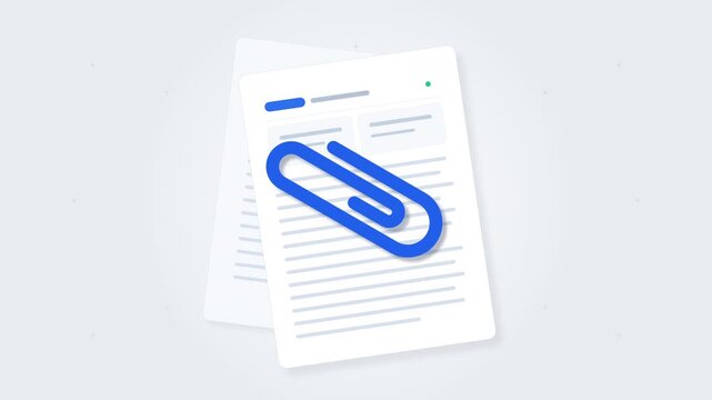 Animated paper document with blue paperclip attached, signifying attachment, organization, and important information, motion graphic