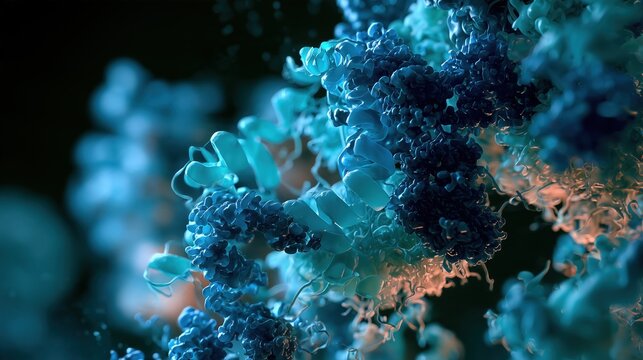 Scientific 3D molecular visualization of acid alpha-glucosidase enzyme structure related to Pompe disease, ribbon diagram rendering, vibrant blue and teal color gradient