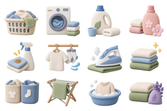 Laundry 3D claymorphism icon set. Washer, detergent, softener, iron and drying rack for clothing care. Cute colorful cartoon illustration isolated on transparent PNG background.