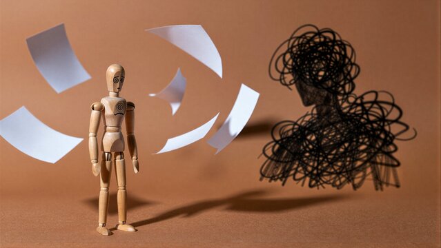 Wooden figure stands before tangled shadow, papers swirl around them.
