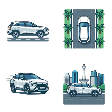 Mitsubishi Xforce compact crossover SUV vector illustration, modern automotive design featuring dynamic shield grille and T-shape LED headlights, technical vehicle graphic icon.