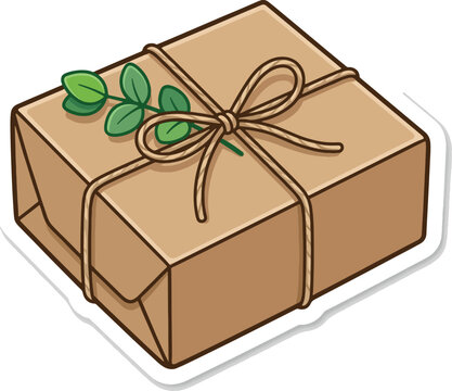 Brown paper parcel wrapped with twine branch sticker vector graphic