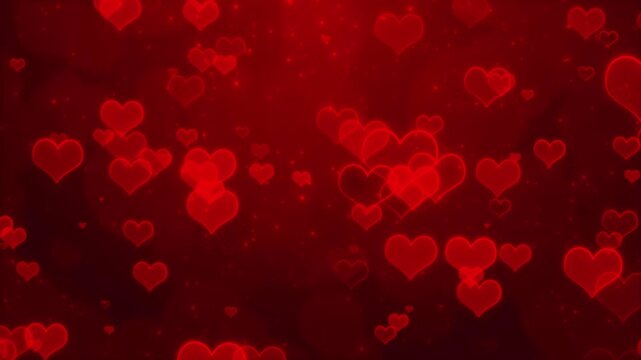 Glowing scarlet heart outlines float crimson sparkles romantic depth. Valentine celebrations, love messages, weddings, anniversaries, proposals, dating, greetings, social posts, relationship themes.