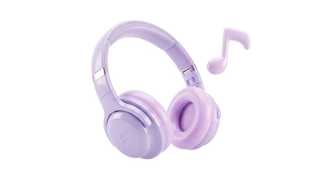 Purple wireless headphones with floating music note, modern pastel violet headset for audio streaming, 3D rendered lilac earphones on white background