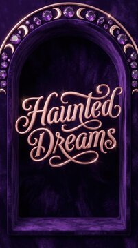 Haunted dreams neon sign with glowing pink lettering inside a decorative purple arch frame with moon phases