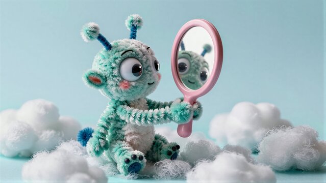 Cute green alien sits on clouds, holding pink mirror with fluffy background.