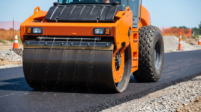  Orange road roller compactor compacting fresh asphalt on road construction site with worker.