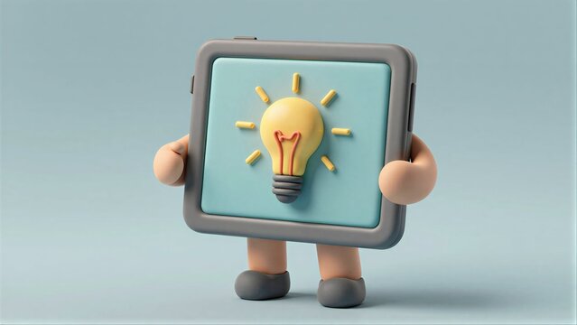 Cute clay tablet character with light bulb, symbolizing ideas and innovation.
