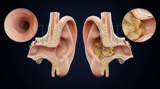 Detailed comparison of a healthy human ear canal versus one with excessive cerumen buildup and impaction.