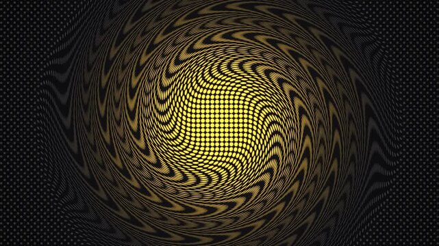 Abstract halftone dot pattern background with hypnotic golden yellow swirl loop