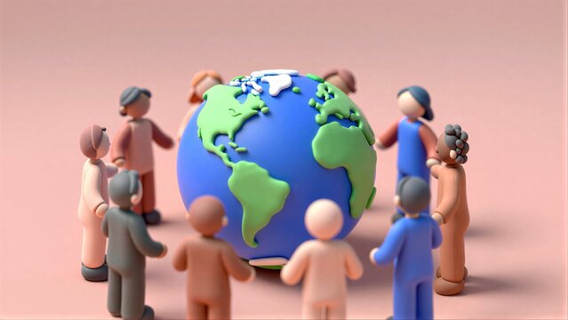 Diverse figurines surround a globe, symbolizing global unity and cooperation.