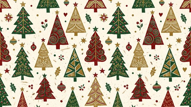Festive Christmas trees seamless block-print pattern with retro red, green, and gold illustrations