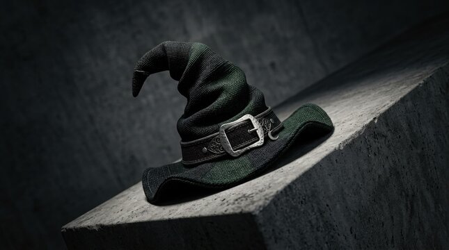 Black witch hat with a silver buckle resting on a textured stone surface in a dark moody atmosphere for halloween