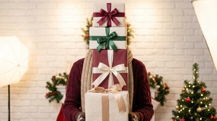 Obraz premium Holiday Gifting Extravaganza: A person holding a tower of festive gift boxes, adorned with colorful ribbons, surrounded by Christmas decorations.
