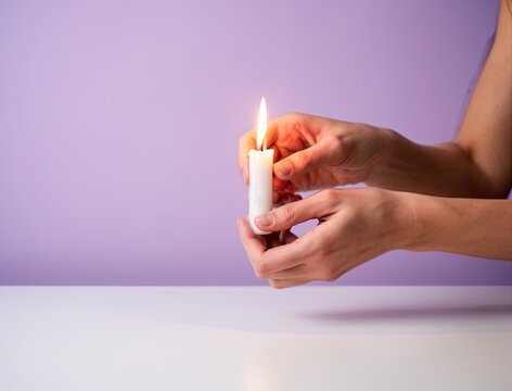 Candle flame creates warm ambiance in hands. Hands hold white candle against soft purple background. Light glows gently, creating serene atmosphere for relaxation or meditation