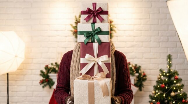 Holiday Gifting Extravaganza: A person holding a tower of festive gift boxes, adorned with colorful ribbons, surrounded by Christmas decorations.