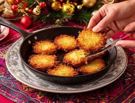 Crispy latkes are being served from skillet. Golden brown potatoes are arranged on decorative plate. Background features vibrant holiday decorations with warm colors