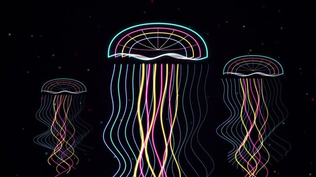 Neon jellyfish pattern on black background with glowing tentacles and vibrant colors