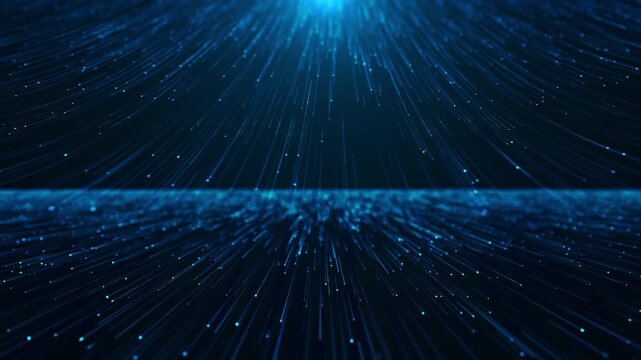 3D light filaments cascade deep blue space luminous horizon. Futuristic motion high speed broadband systems, quantum computing, servers, cybersecurity, digital transformation, networks, presentations