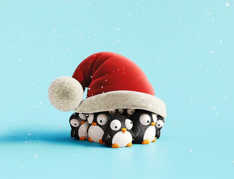 Penguin family under the Santa's hat on blue snowy background. Christmas togetherness concept. 3D Rendering, 3D Illustration