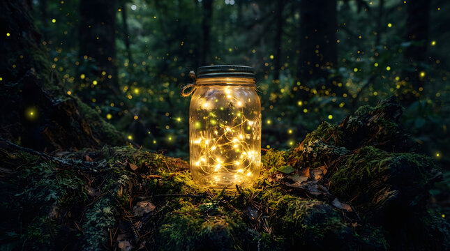 Glowing fireflies inside a glass mason jar resting on a mossy forest floor