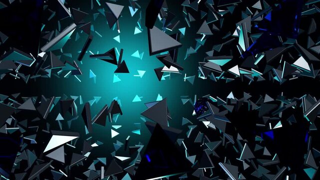 Abstract 3D geometric background animation of flying glossy triangle shards loop