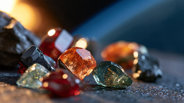 Collection of colorful rare earth minerals including red, orange and green crystals displayed against a blurred planetary horizon background, critical mineral resources, geology