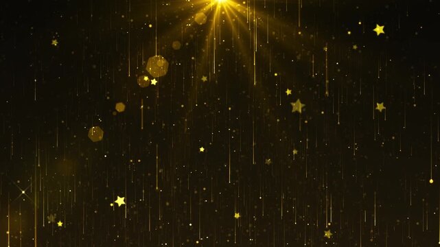 Warm gold rays shine from glowing stars bokeh drift luxurious scene. Christmas, Diwali, ceremonies, gala invitations, achievement premium branding, festive intros, congratulations, special occasions.