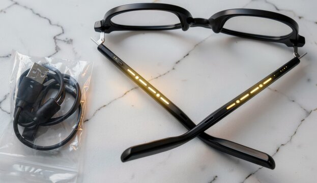 Smart glasses with charging cable laid on white marble surface