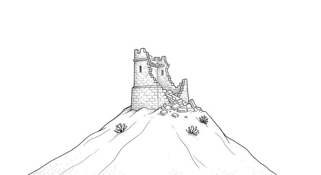 Black and white hand drawn ink sketch illustration of ruined ancient stone castle watchtower perched on top of a desert hill.
