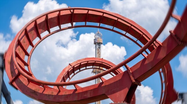 Red roller coaster track under bright sunny skies, surrounded by fluffy white clouds, showcasing dramatic curves, steep twists, exciting amusement park adventure etc