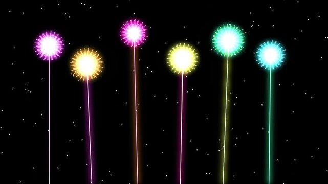 Colorful glowing dandelion seed heads on stems against a black background whimsical animation