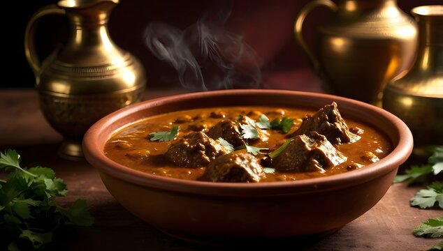 Hot Steaming Mutton Curry Gravy in Copper Wok