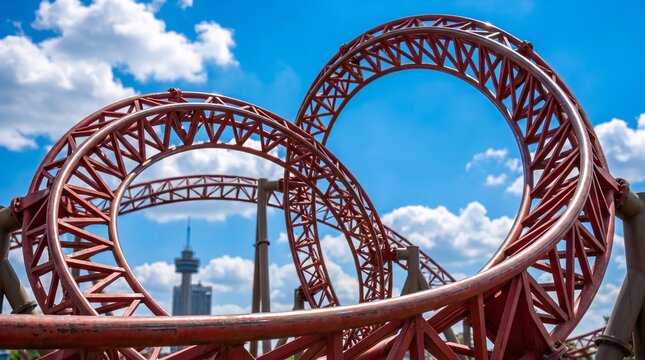 Red roller coaster track under bright sunny skies, surrounded by fluffy white clouds, showcasing dramatic curves, steep twists, exciting amusement park adventure etc