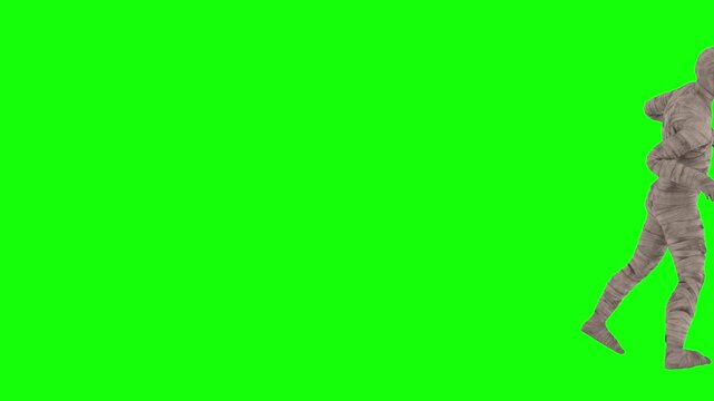3D animated scary mummy sneaking across the frame, side view, isolated on a green screen chroma key background.