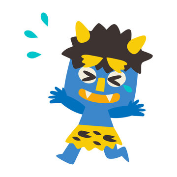 節分　泣きながら逃げる青鬼　ベクターイラスト