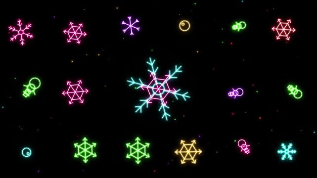 Colorful neon snowflakes falling on a black background festive winter holiday animation loop