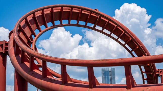 Red roller coaster track under bright sunny skies, surrounded by fluffy white clouds, showcasing dramatic curves, steep twists, exciting amusement park adventure etc