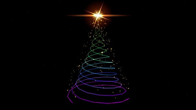 Colorful spiral christmas trees with bright starbursts on a black background festive holiday animation
